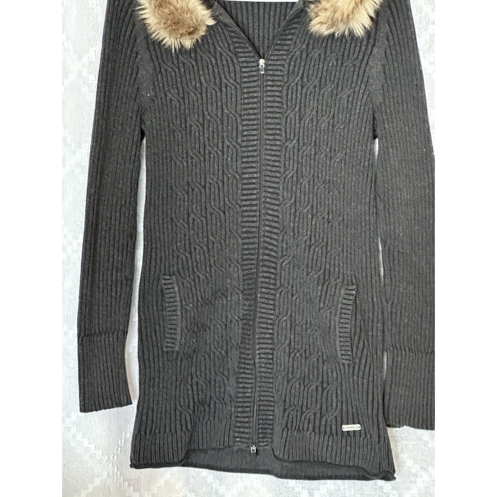 Vintage Womens Y2K Cable Knit Full Zip Hoodie Faux Fur Collar Preppy Small - Picture 4 of 8